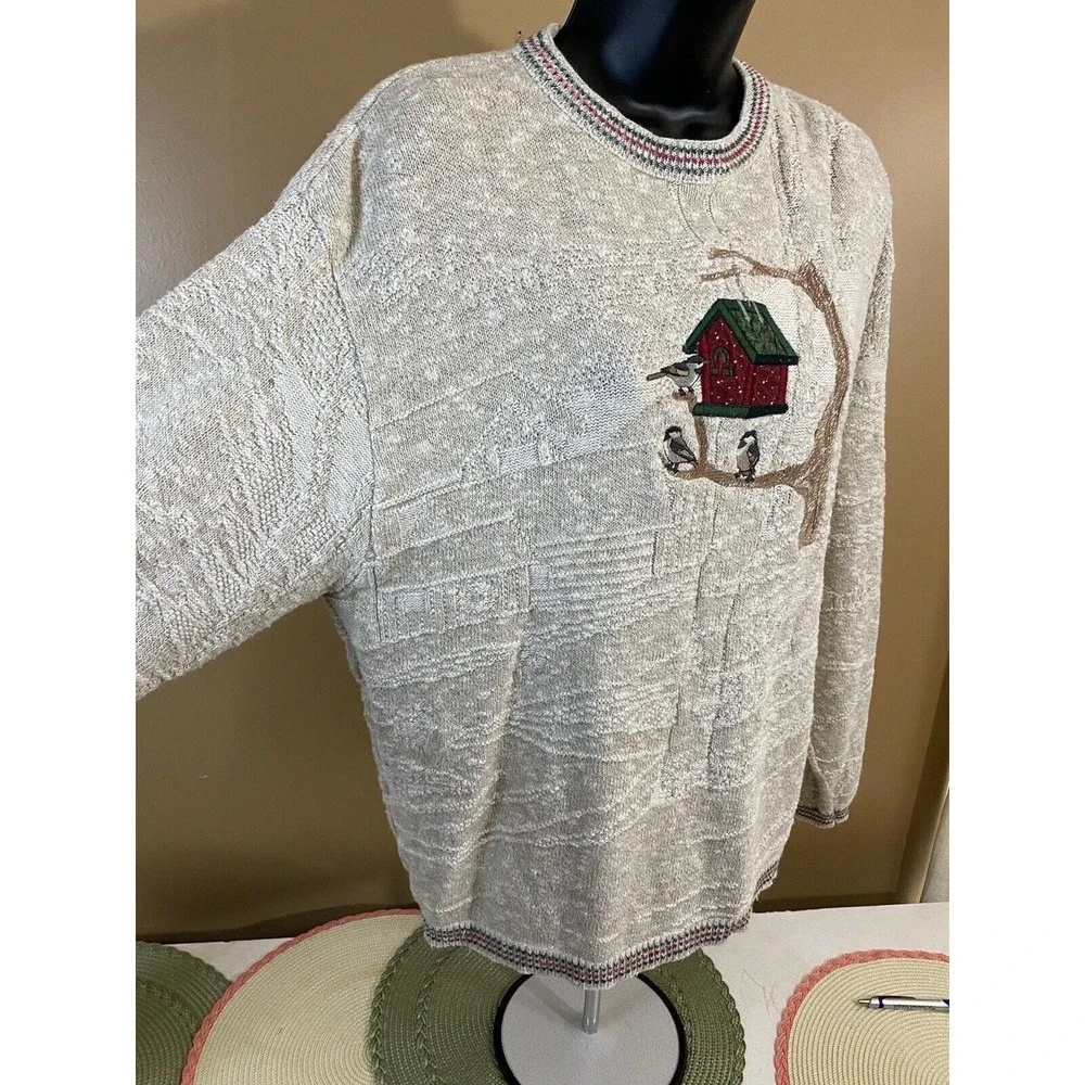 Vintage Jantzen USA Made Embroidered Bird/ House Women’s Woven Sweater Size L - Picture 6 of 16
